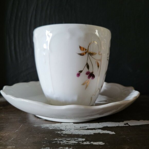 Antique Mustache Cup and Saucer "Remember Me" Flowers, Germany Mustache Mug - Picture 2 of 10